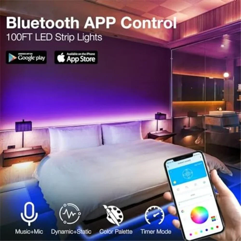LED Strip Lights 100ft RGB Color Changing Smart App Remote Bedroom Party Decor